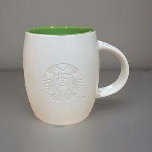 STARBUCKS 2011 Barrel Mug White Green Etched Mermaid Siren 14 oz Coffee Cup